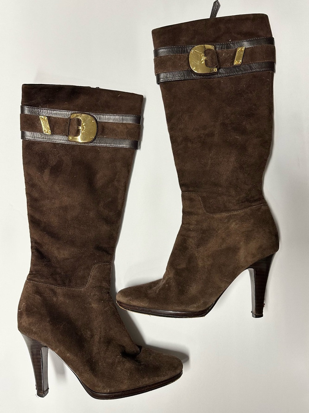 Cole Haan Brown Suede Knee-High Heeled Boots with Gold Buckle